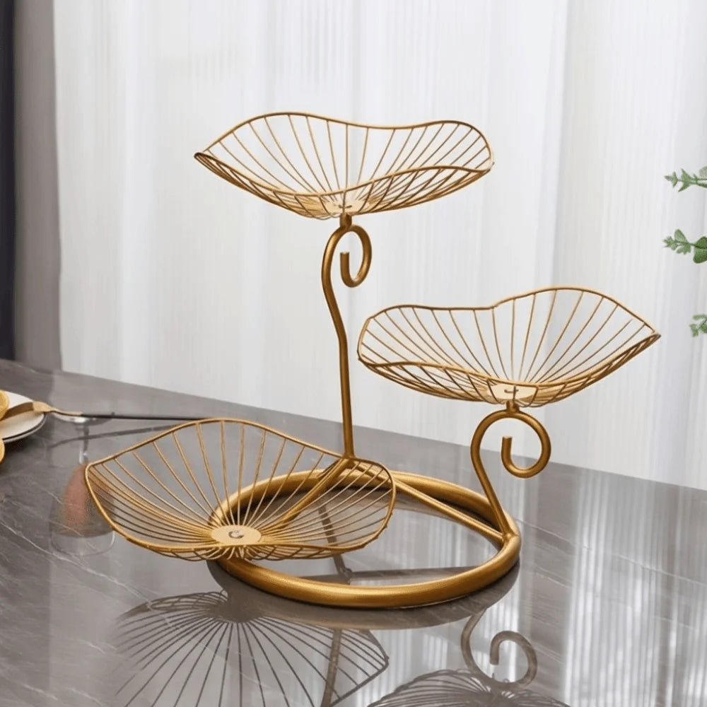 Lotus Leaf Shape 3-Tier Fruit Basket Vintage Space-Saving Multi-Layer Serving Tray with Base Metal Wire Fruit Basket