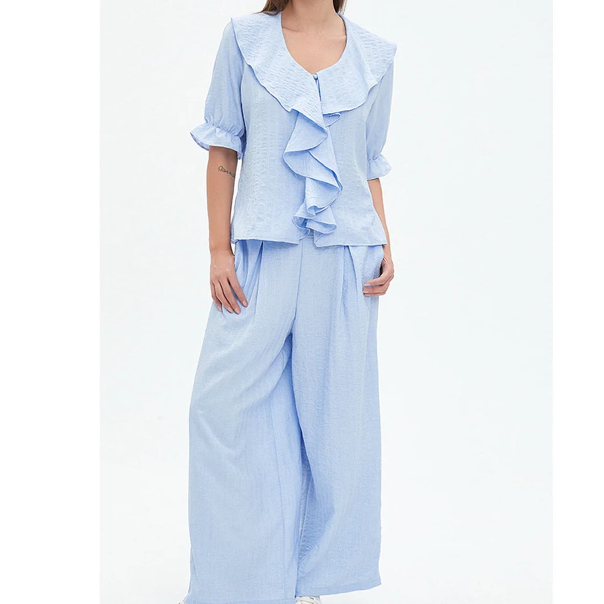 Women Linen Pajama 2 Piece Set Short Sleeve Front Ruffle Shirt PJs Pants Lounge Cute Sleepwear Casual Homewear Set
