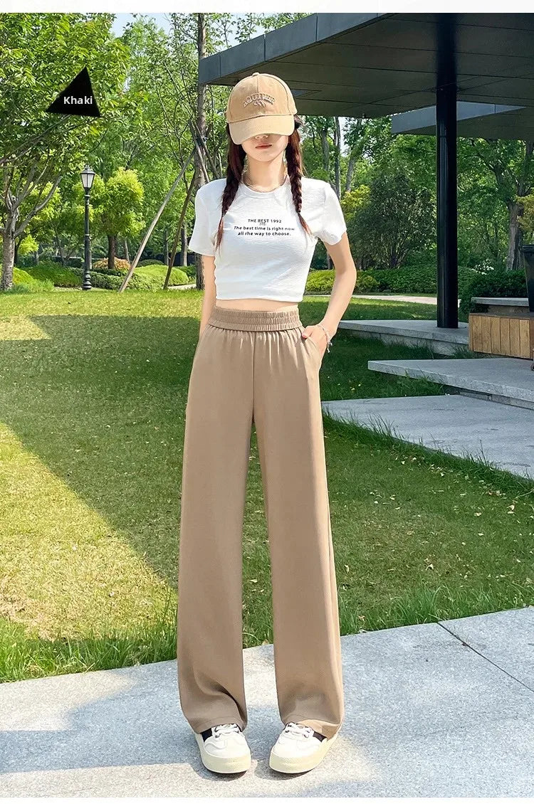Slim Wide Leg Pants High Waist Drapey Thin Ice Silk Grey Small Size Straight Cut Women's Summer Trousers Long Pants