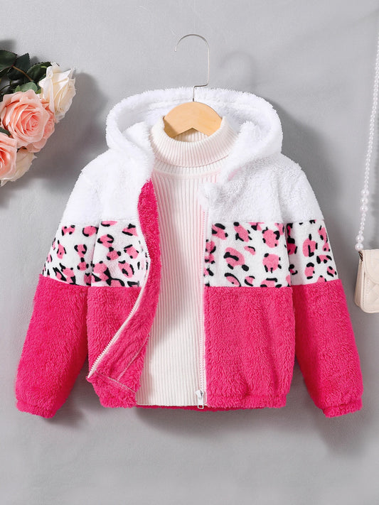 Girls' winter coral fleece leopard print color-blocked hooded jacket. Winter casual jacket.