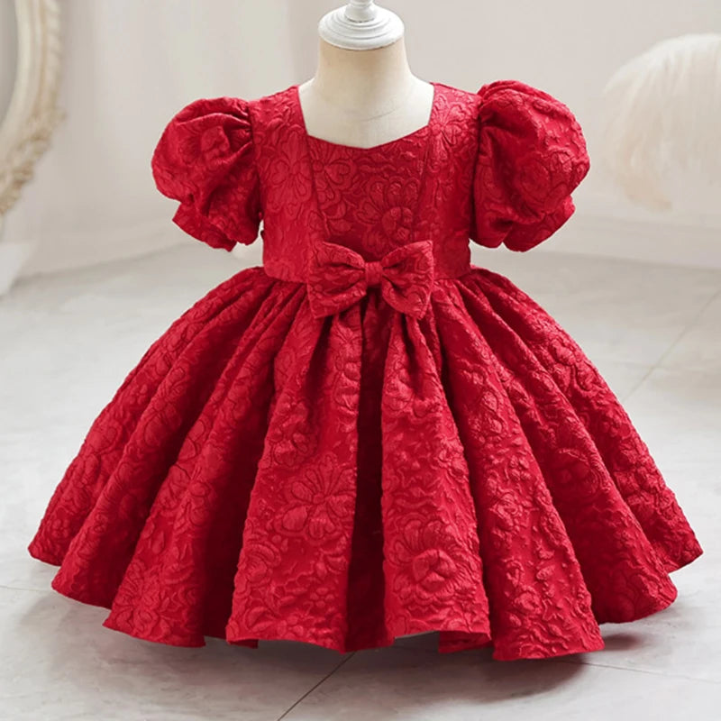New Bubble Sleeve Girl's First Year Dress Wedding Flower Girl's Birthday Dress Bowknot Sweet Lovely Puffy Dress