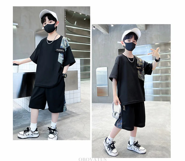 Boys Summer Suit Kids Short Sleeve T-Shirt Sports Casual Outfits for Teenage Boy Clothing Sets With Cartoon Bear