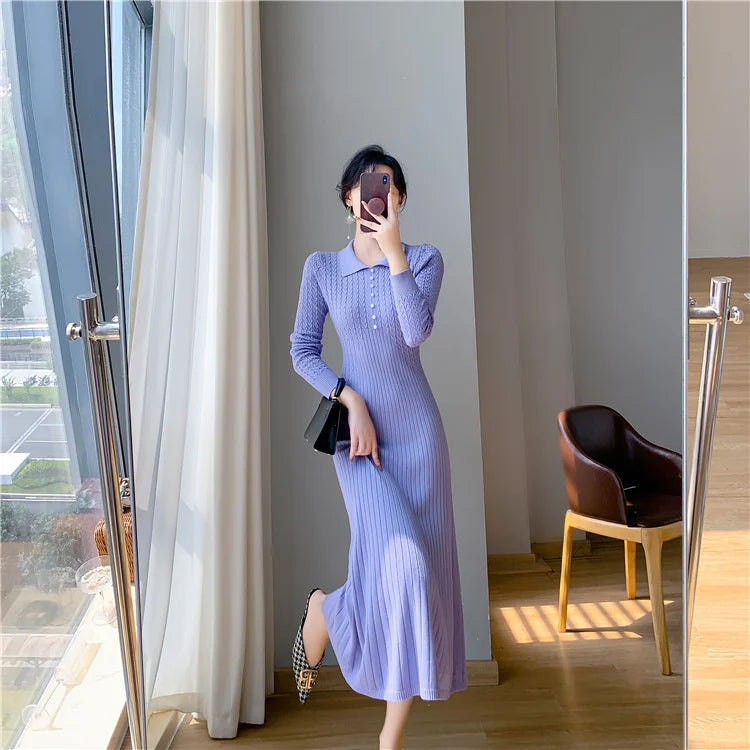 Sweater Dress Women New  Autumn Winter Purple White Or Black High Waist A Line Dress Elegant Long Knitted Dress