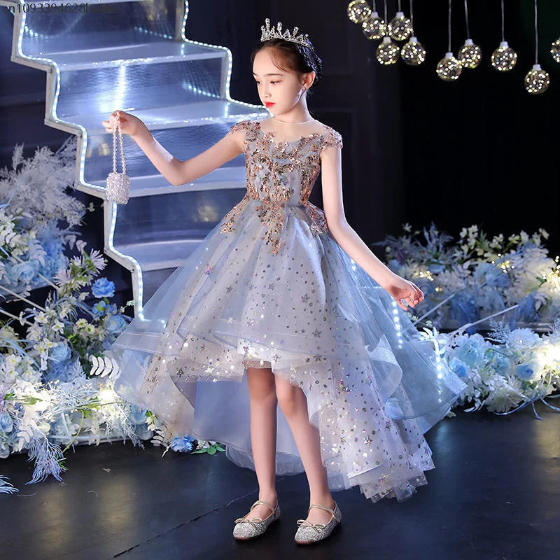 Evening Gown Girls Princess Puffy Tulle Piano Performance Outfit Flower Wedding Dress Children's High-End Host Clothing