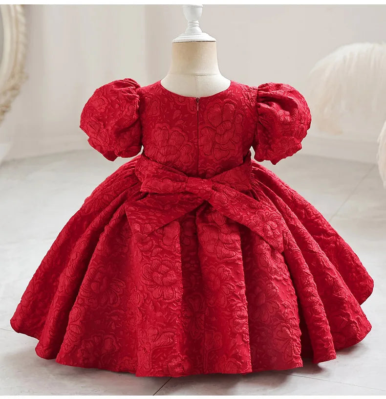 New Bubble Sleeve Girl's First Year Dress Wedding Flower Girl's Birthday Dress Bowknot Sweet Lovely Puffy Dress