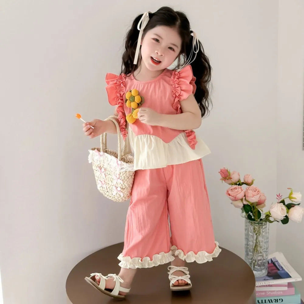Summer Girls Fashion Cute Sleeveless O-Neck Flower Decoration Top + Pant 2 Pcs Set  Kids Casual Clothes Korean Version