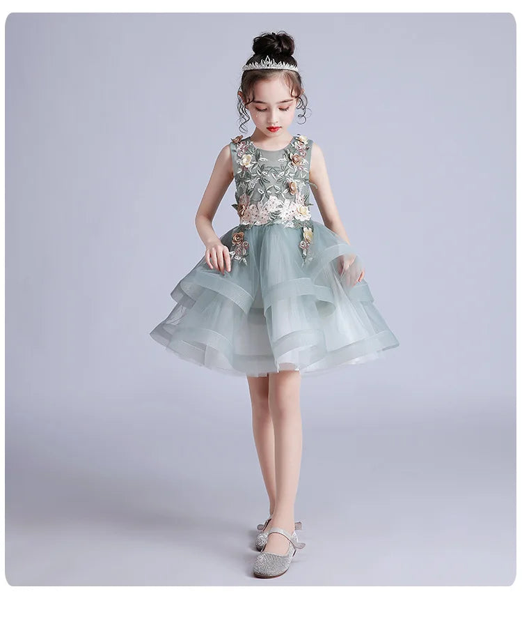 Kids Girls Layered Dress  Elegant Flower Girl Dresses for Wedding Birthday Party Children Festival Ball Gown
