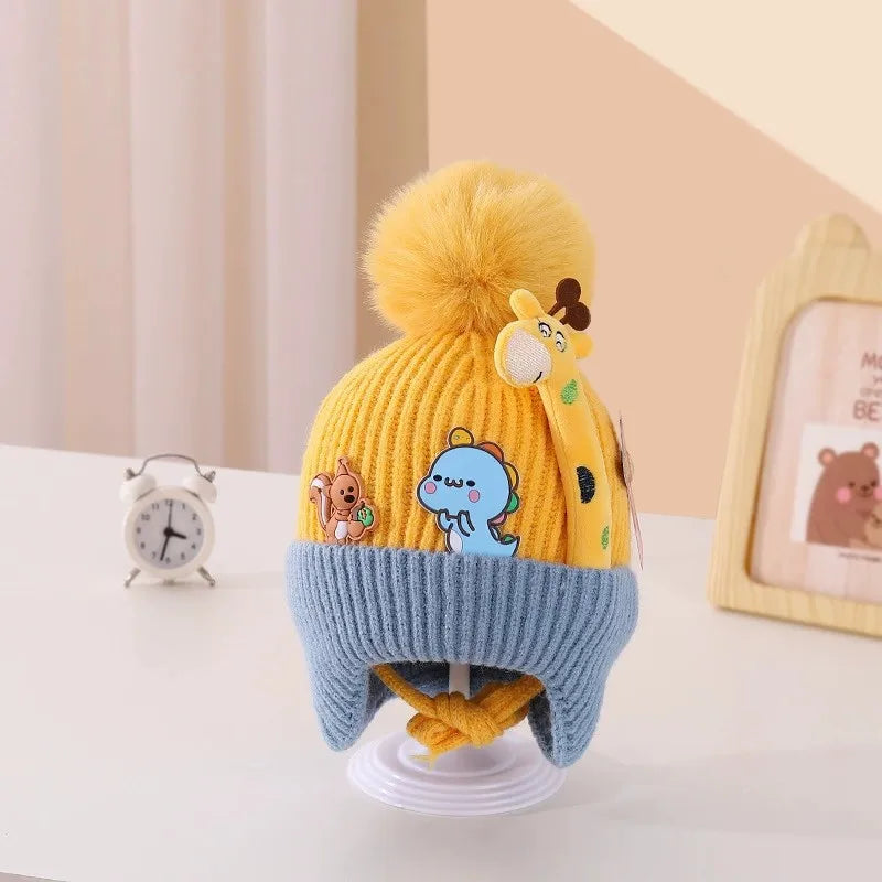 Cartoon Giraffe Baby Knitted Hat Thickened Lining Wool Hat Warm Winter Hat with Ear Protection Cold Resistant Baby Headwear