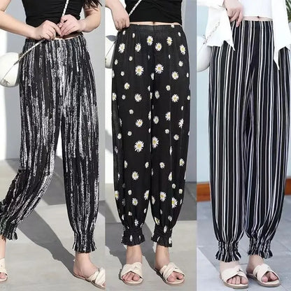 Summer Ladies Ice Silk Loose Casual Home Pants Elastic plus Size Mom Square Sports High Waist Straight Leg Length Nine Points