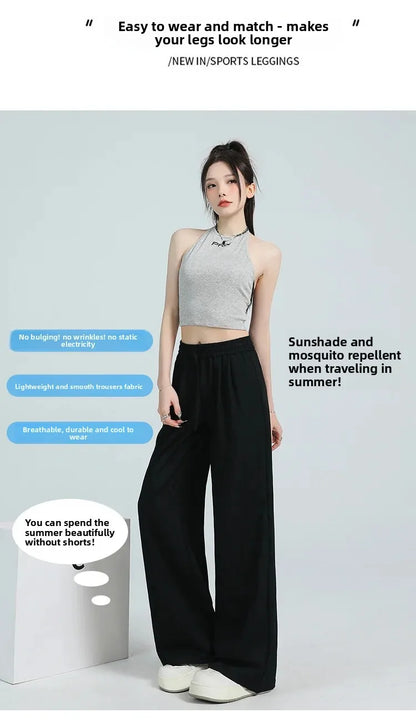 White Ice Silk Wide Leg Pants Women's Summer Thin High Waist Slimming Casual Versatile Elastic Waist Draped Straight Leg Trouser