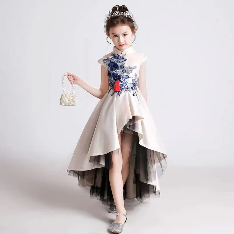 Girls' Fashion Evening Dress Children's Chinese Style Host Piano Performance Costume Dress Kids' Stand up Embroidered SkirtLI852