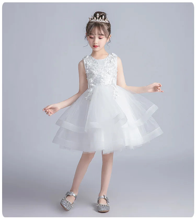 Kids Girls Layered Dress  Elegant Flower Girl Dresses for Wedding Birthday Party Children Festival Ball Gown