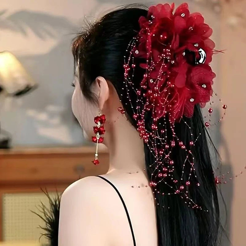 Fashion Fairy Butterfly Feather Tassel Hair Claw Shark Clips Temperament Mesh Flower Claw Clip Women Headwear Hair Accessories