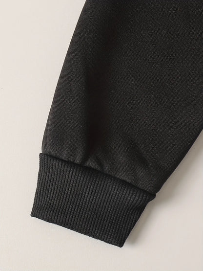 Toddler Boy's Spring and Autumn Outfit: Denim Printed Hoodie + Black Cuffed Pants, Trendy Fake Two-Piece Set for Boys