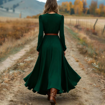 Women's Spring Autumn Retro Western Style V-neck Long Sleeve Dress Fashion Casual Long Dresses Elegant Party Dresses(no belt)