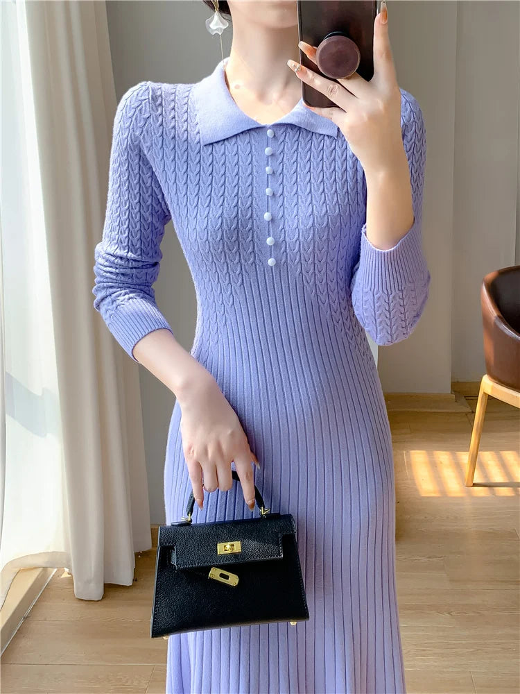 Sweater Dress Women New  Autumn Winter Purple White Or Black High Waist A Line Dress Elegant Long Knitted Dress