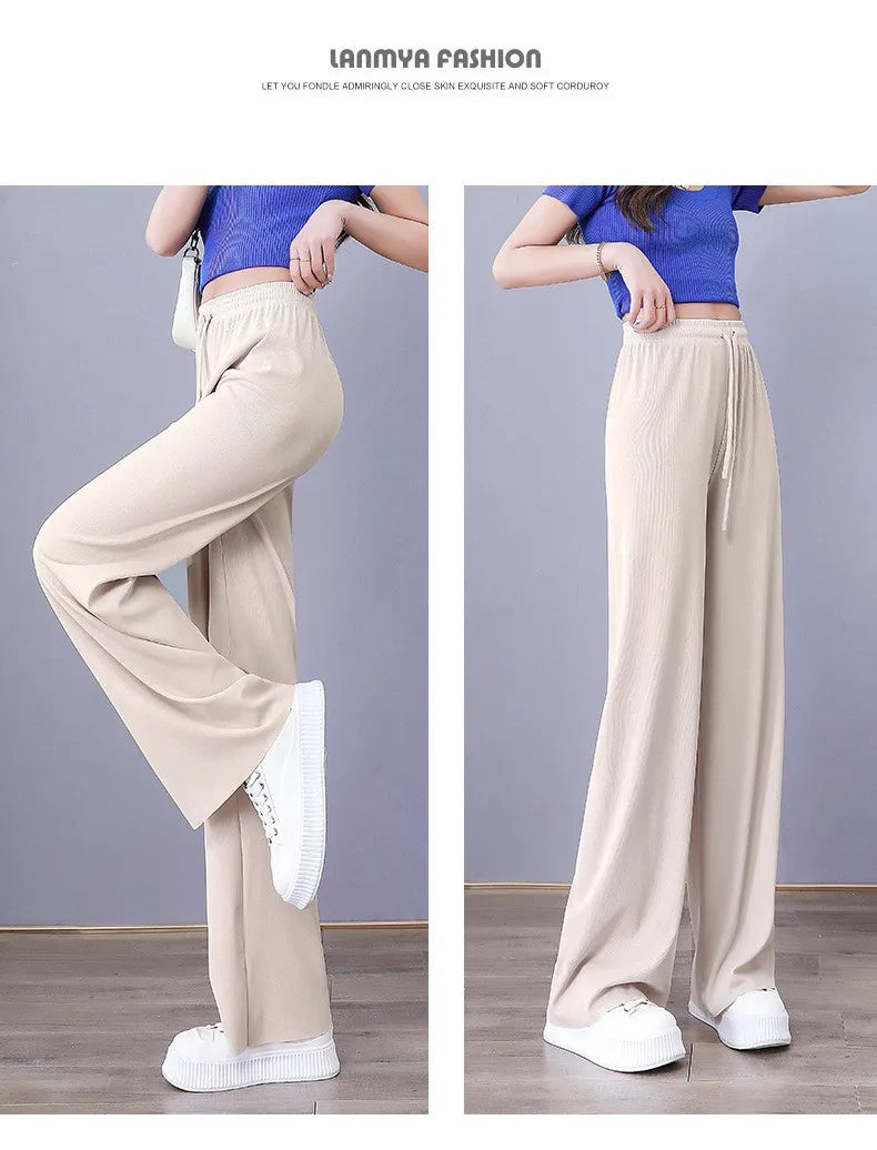 Ice Silk Wide Leg Pants Women's Summer  New High Waist Drape Loose Slimming Straight Bla Floor-Length Casual Trousers