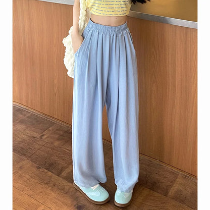 Summer Women Sweet Colorful Ice Silk Pants Lady Baggy Versatile Elastic Straight Leg Trousers Female Wide Leg High Waisted Pants