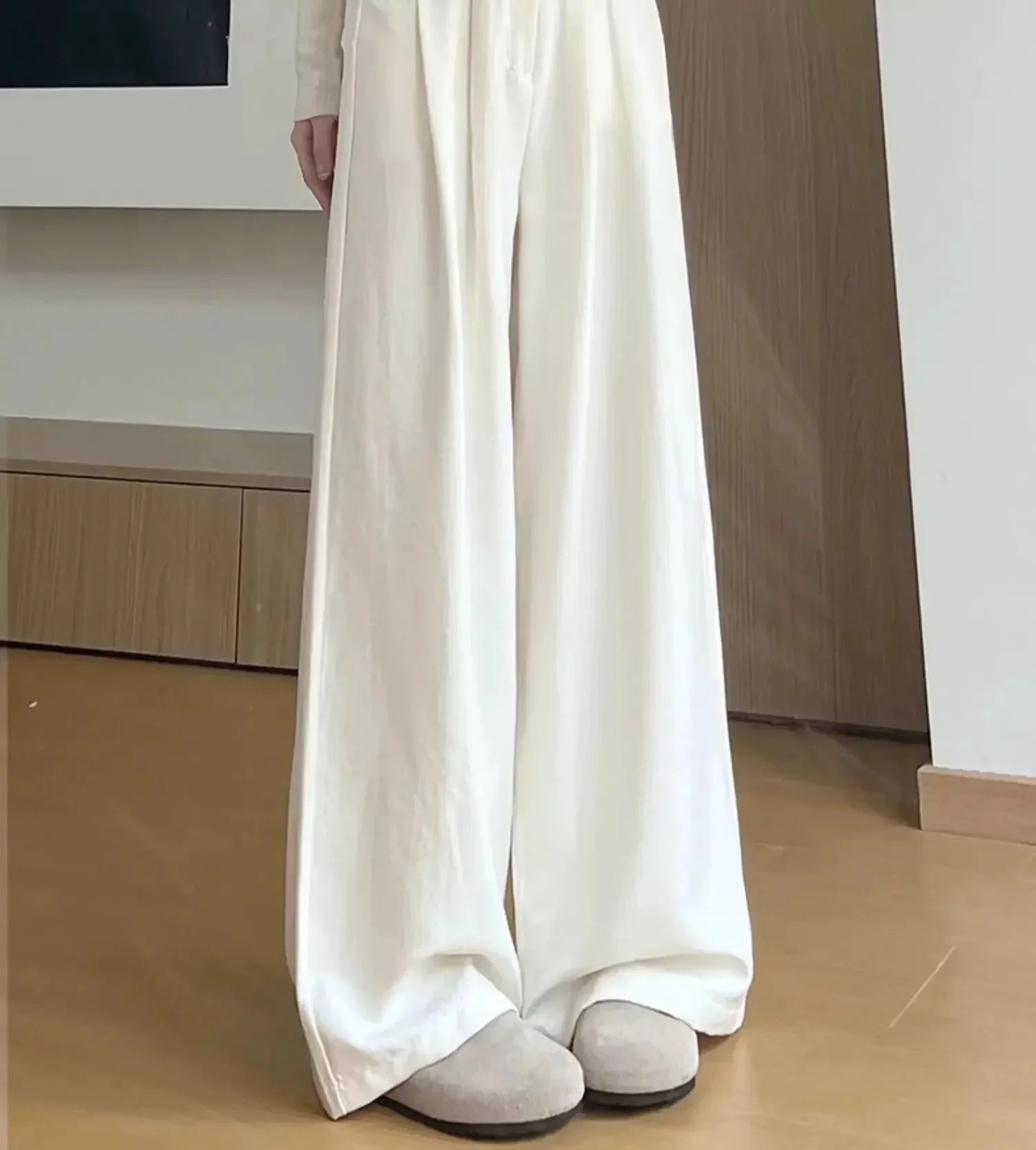 Ice Silk Drapey Wide Leg Pants Women's Summer Thin New Style Beige Color Nine Points Long Trousers Comfortable Fit Female Pants