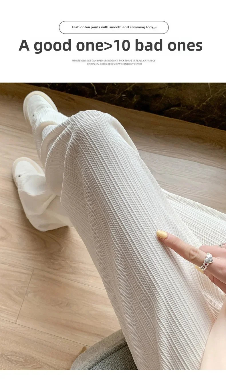 Korea Dongdaemun Ice Silk Wide-leg Pants Women's Thin Slimming Floor Pants White Striped Pants Y2K Fashion Pants Baggy