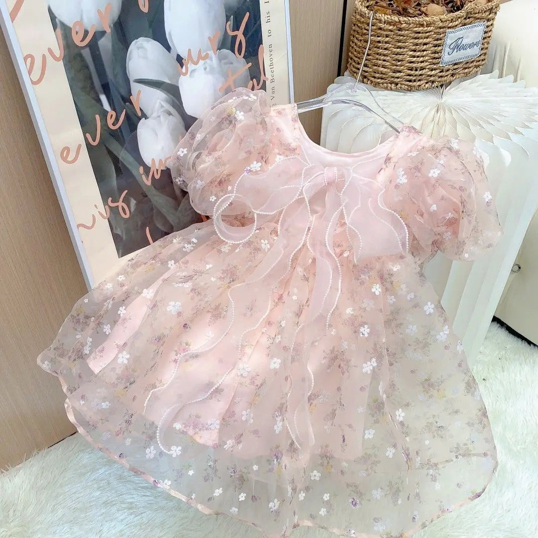 Girls Flower Sweet Gentle Pink Princess Skirt Childrens Ball Gown Puff Sleeve Dress