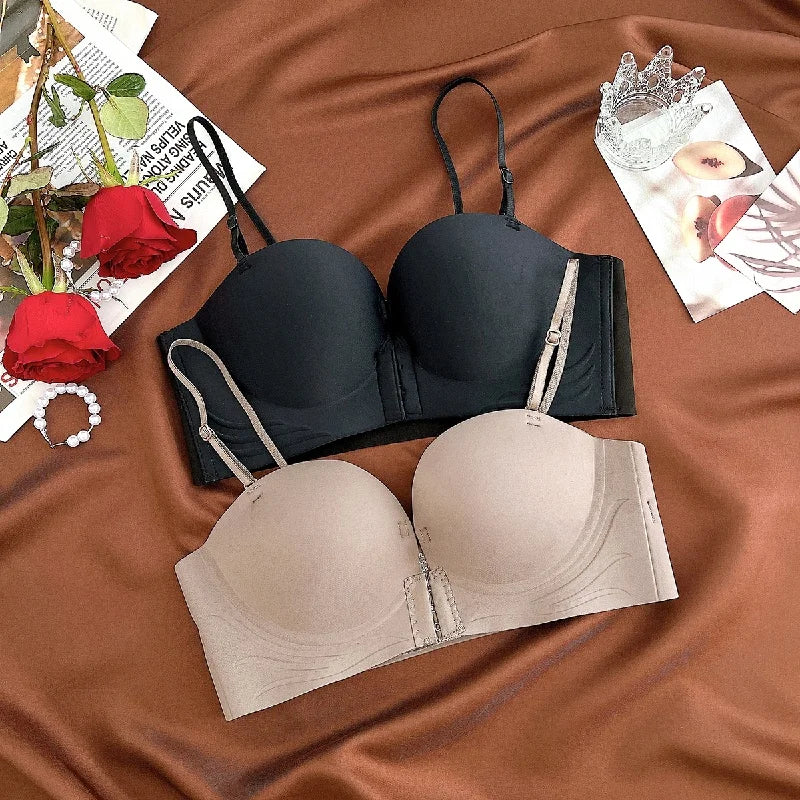 Front Closure Strapless Bras For Women Seamless Push Up Brassiere Thick Soft Underwear Solid Color Adjustable Invisible Lingerie