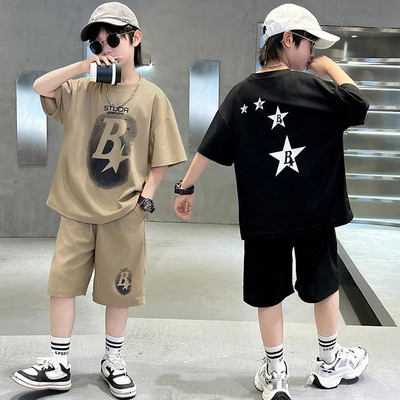 New Summer Teenager Boys Clothing Set Cotton Letter Short Sleeve T-shirt Shorts  Years Kids Tracksuits Child Cloth