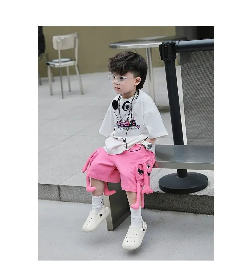 Korean Kids Clothes Boys' Summer Female Child Clothes Children's Printed Cotton Short Sleeved T-shirt Shorts 2piece Sports Set