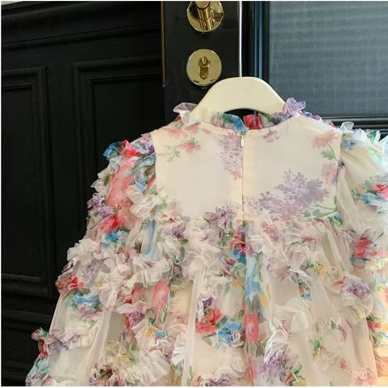 New Baby Girls floral print Fall Mesh Long Sleeve Dress Princess Kids Sweet Party Dresses