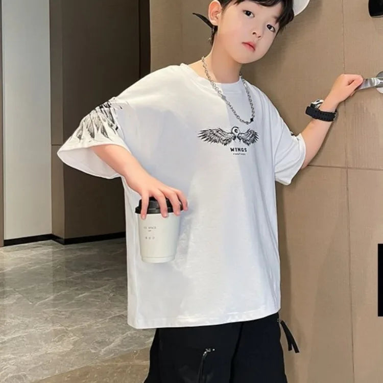 Summer Kids Wing T-Shirt Cotton Loose Stylish Boy's Shirt Big Kids Summerwear