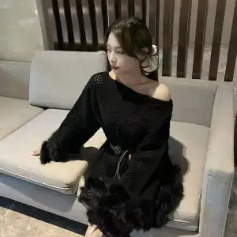 Western Style Dress Women's Sports Outdoor Sweater Furry Hem
