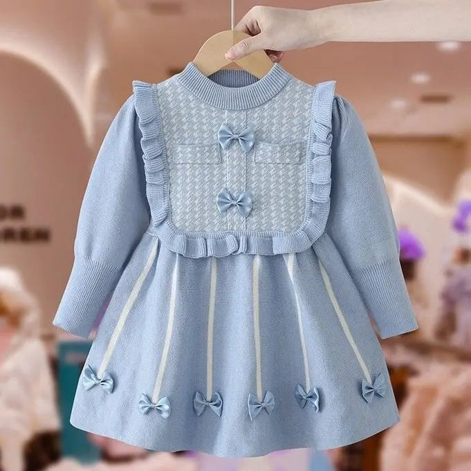 Girls' Dress Winter New Style Western Dress Children's Autumn and Winter Princess Dress Baby New Year Red Knitted Dress (Available)
