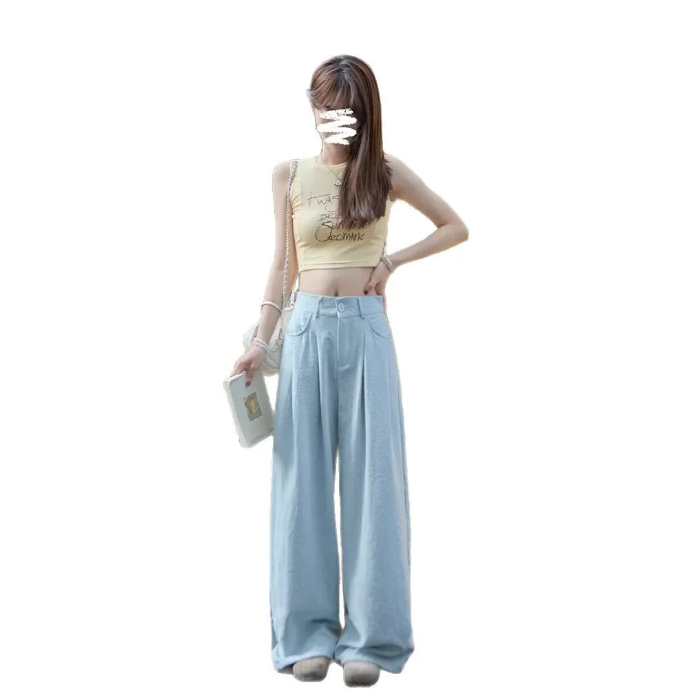 Ice Silk Drapey Wide Leg Pants Women's Summer Thin New Style Beige Color Nine Points Long Trousers Comfortable Fit Female Pants