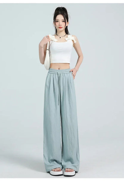 White Ice Silk Wide Leg Pants Women's Summer Thin High Waist Slimming Casual Versatile Elastic Waist Draped Straight Leg Trouser