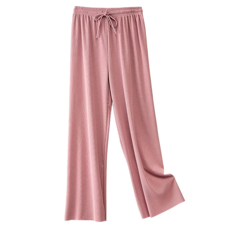 Ice Silk Wide Leg Pants Women's Summer  New High Waist Drape Loose Slimming Straight Bla Floor-Length Casual Trousers