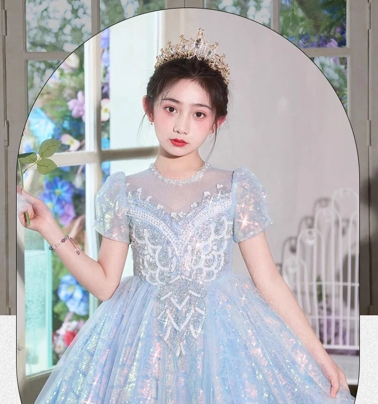 Party Dress Blue Girls Puffy Princess Dresses New Kids Gown Birthday Host Piano Recital Outfit Pageant Performance Formal Wear