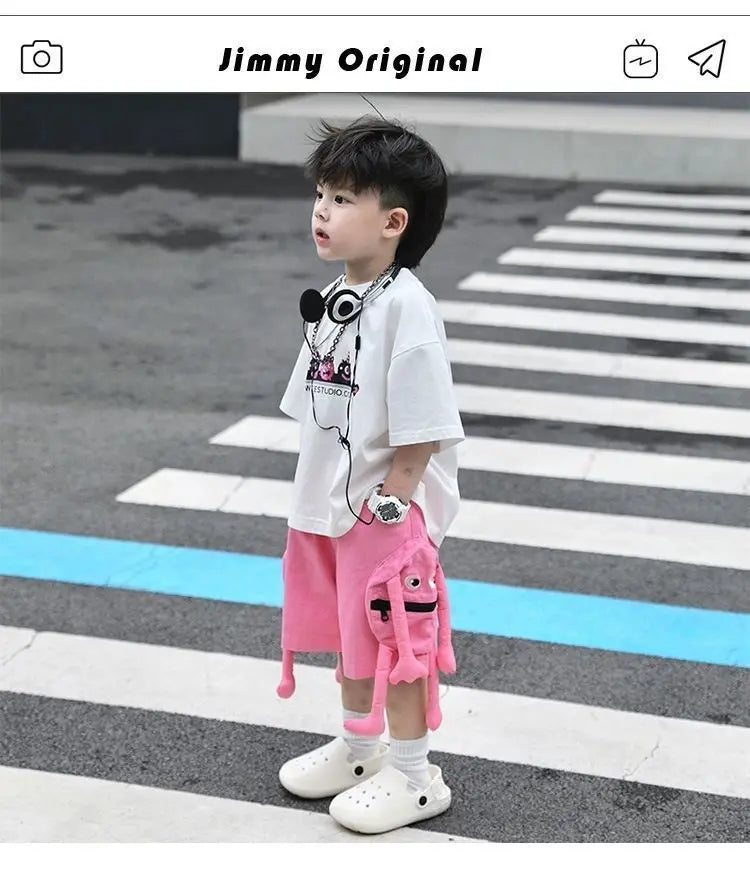 Korean Kids Clothes Boys' Summer Female Child Clothes Children's Printed Cotton Short Sleeved T-shirt Shorts 2piece Sports Set