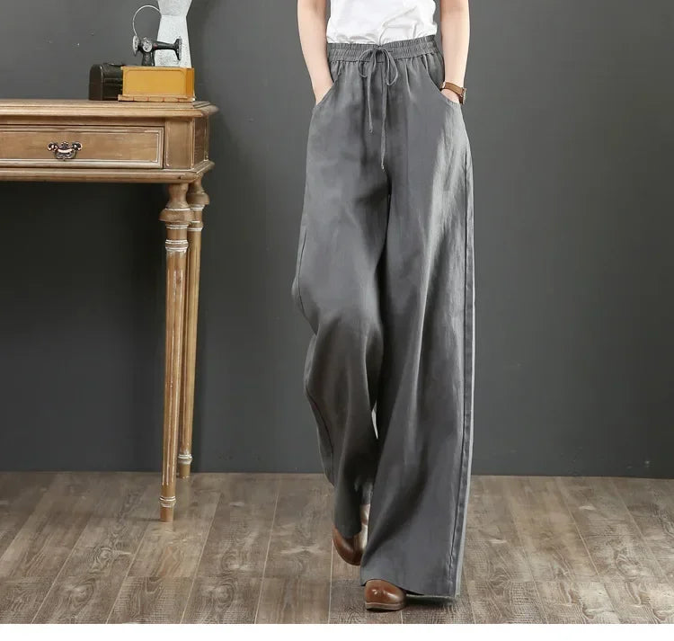 Women Retro Tai Chi Loose Wide Leg Pants Casual Cotton Linen High Waist Pants Mopping Straight Trousers Daily Wear Streetwear
