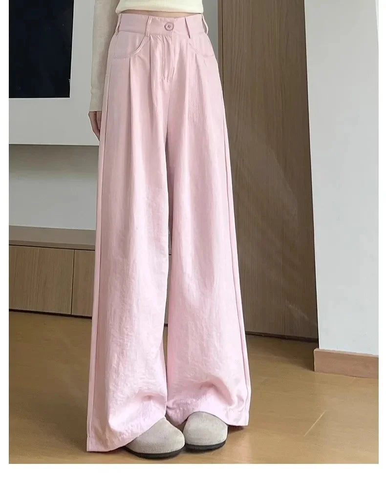 Ice Silk Drapey Wide Leg Pants Women's Summer Thin New Style Beige Color Nine Points Long Trousers Comfortable Fit Female Pants