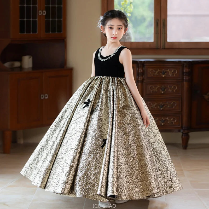 Party Dress Black Girls Evening Princess Gown Kids  Outfit Fashion Show Formal Wear Pageant Host Piano Recital Performance