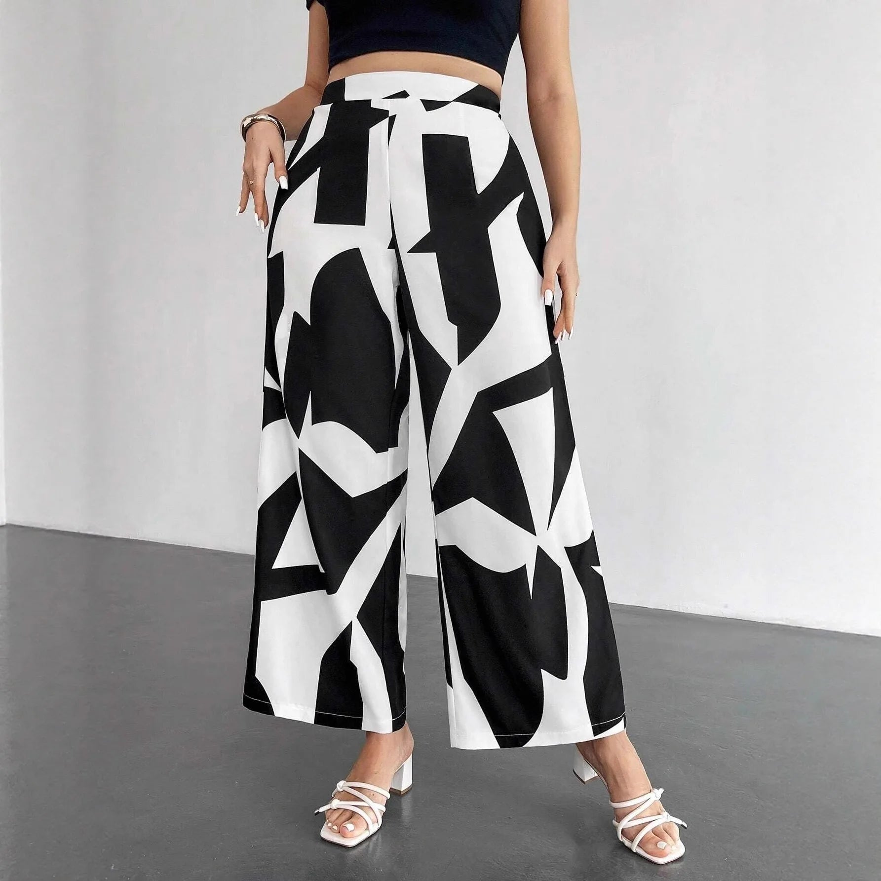 New Pantalones De Las Mujeres Spodnie Beach Geometric Print Vacation Loose Wide Leg Pants Women High Waist Casual Straight Pants