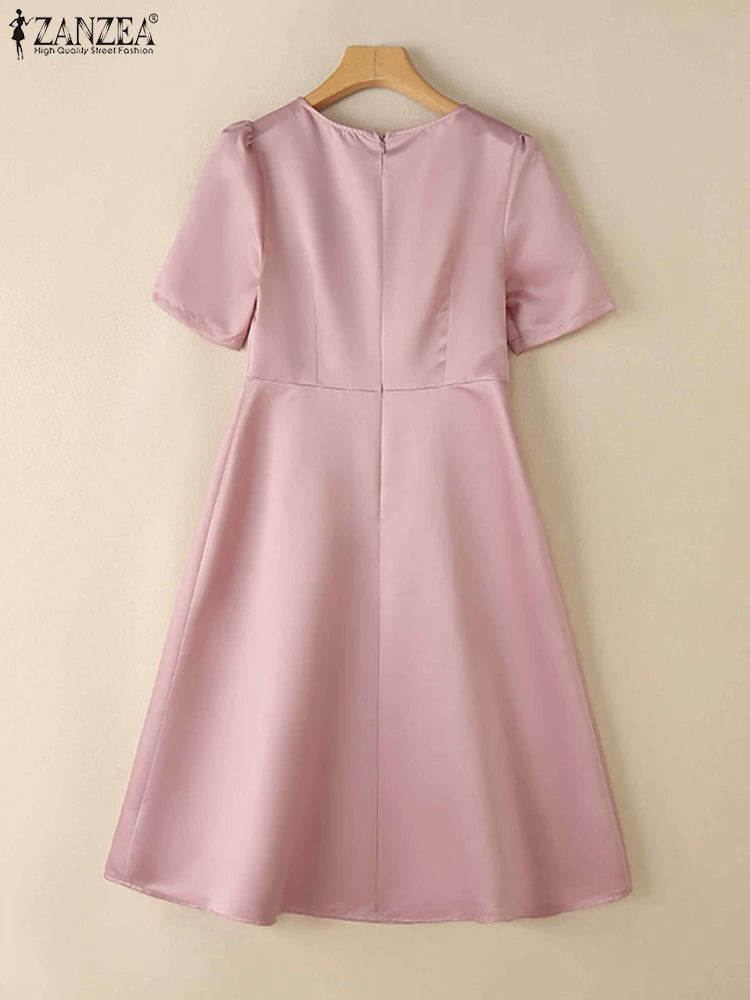 ZANZEA Elegant Woman Party Dresses Shiny Satin Round Neck Short Sleeve Fabric Flower A-line Robes Femme Fashion Midi Vestidos