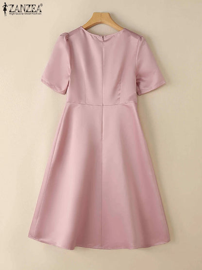 ZANZEA Elegant Woman Party Dresses Shiny Satin Round Neck Short Sleeve Fabric Flower A-line Robes Femme Fashion Midi Vestidos