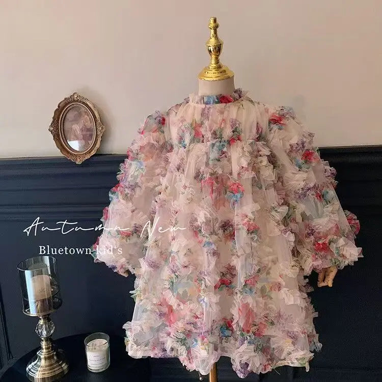 New Baby Girls floral print Fall Mesh Long Sleeve Dress Princess Kids Sweet Party Dresses
