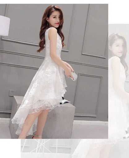 Summer High Low Retro Dress Vintage Women Sleeveless Front Back Short Long Organza Lace Dress Ladies Elegant Party Dress