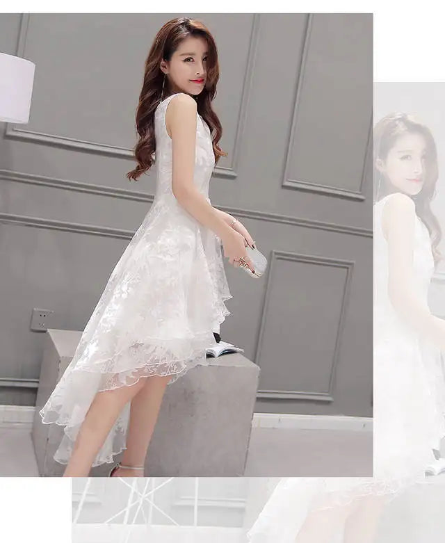 Summer High Low Retro Dress Vintage Women Sleeveless Front Back Short Long Organza Lace Dress Ladies Elegant Party Dress