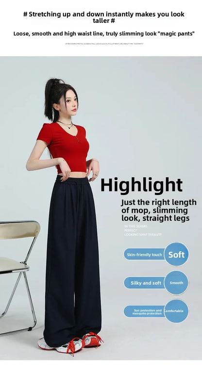 White Ice Silk Wide Leg Pants Women's Summer Thin High Waist Slimming Casual Versatile Elastic Waist Draped Straight Leg Trouser