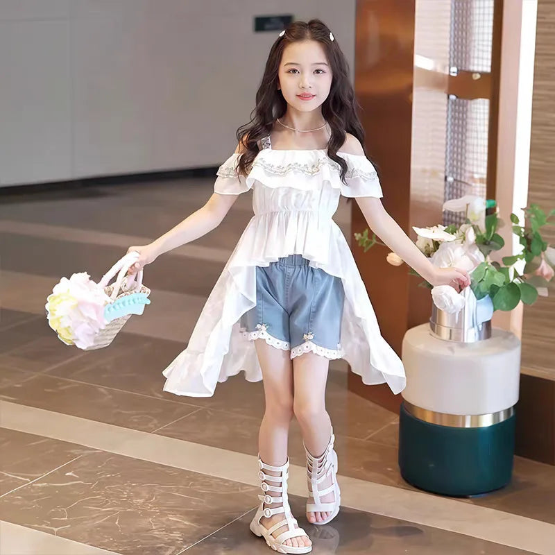New Style Children's Strap Skirt Top Cowboy Shorts Kids Fashion Outwear Two Piece Set