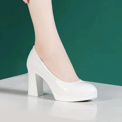 2025 Sapatos Femininas Women Fashion Round Toe Black Plaid Pattern Slip on Chick High Heel Shoes Lady Casual White Work Pumps