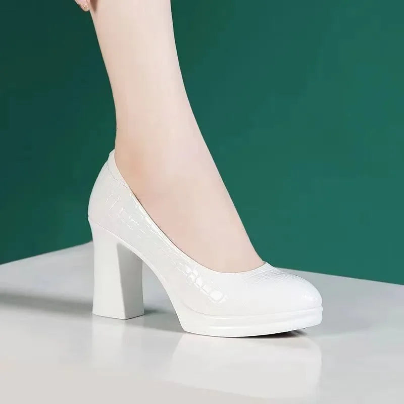Sapatos Femininas Women Fashion Round Toe Black Plaid Pattern Slip on Chick High Heel Shoes Lady Casual White Work Pumps